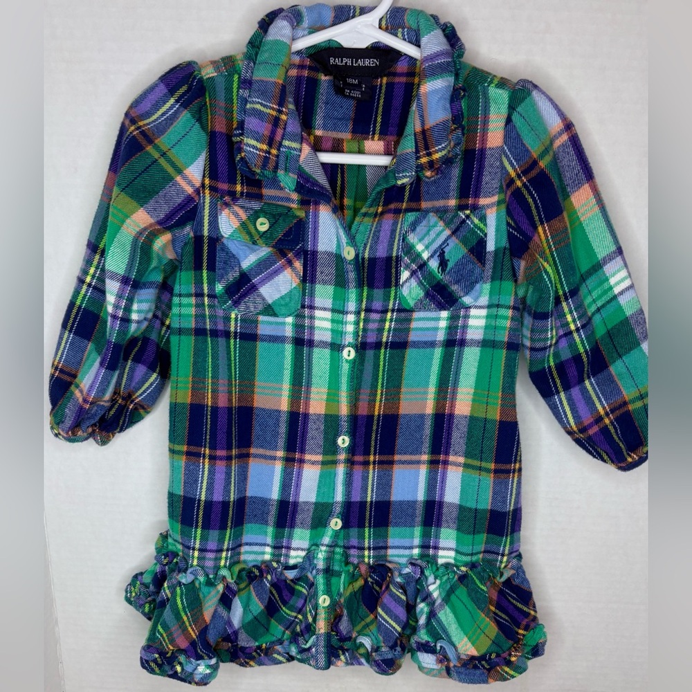 Ralph Lauren Polo Baby Girl 18M Blue/Green Plaid Flannel Ruffle Shirt Dress